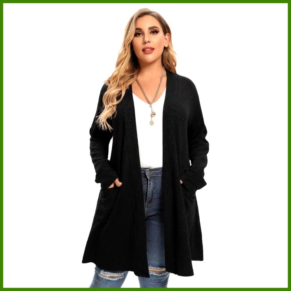 Open Front Knit Cardigan Sweater Plus Size Long Sleeve with Pockets